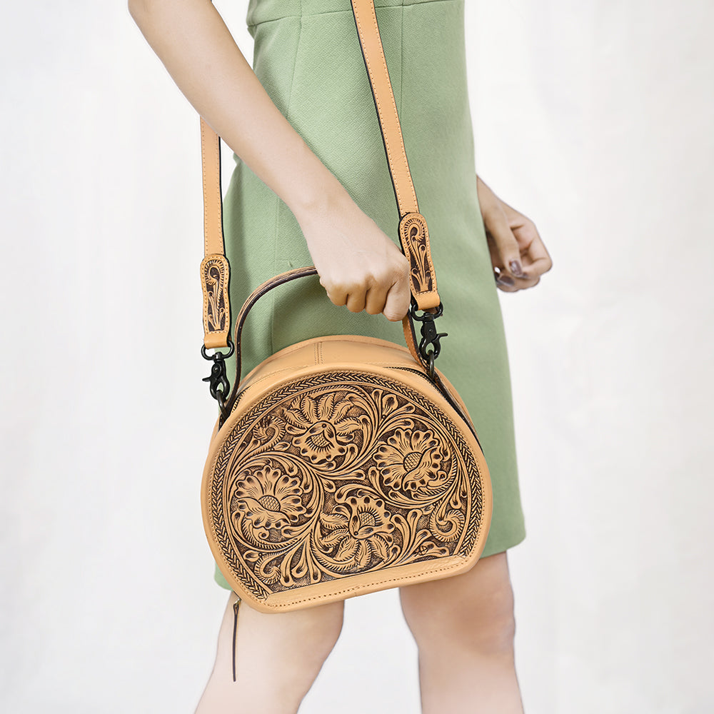 ADBGZ809 Round Hand-Tooled Leather Canteen Bag - Western Floral Circle Purse in Natural Tan