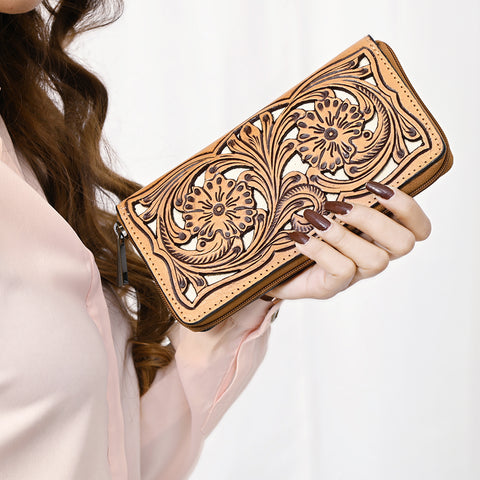 ADBGZ810 Hand-Tooled Leather Wallet - Western Floral Zip Wallet with Inlay