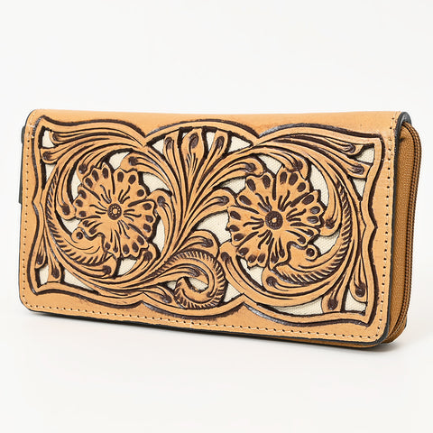ADBGZ810 Hand-Tooled Leather Wallet - Western Floral Zip Wallet with Inlay