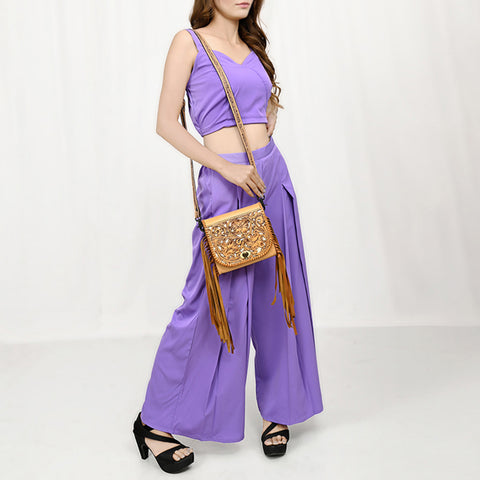 ADBGZ811 Hand-Tooled Mini Crossbody Bag - Western Floral Inlay with Fringe & Tooled Strap