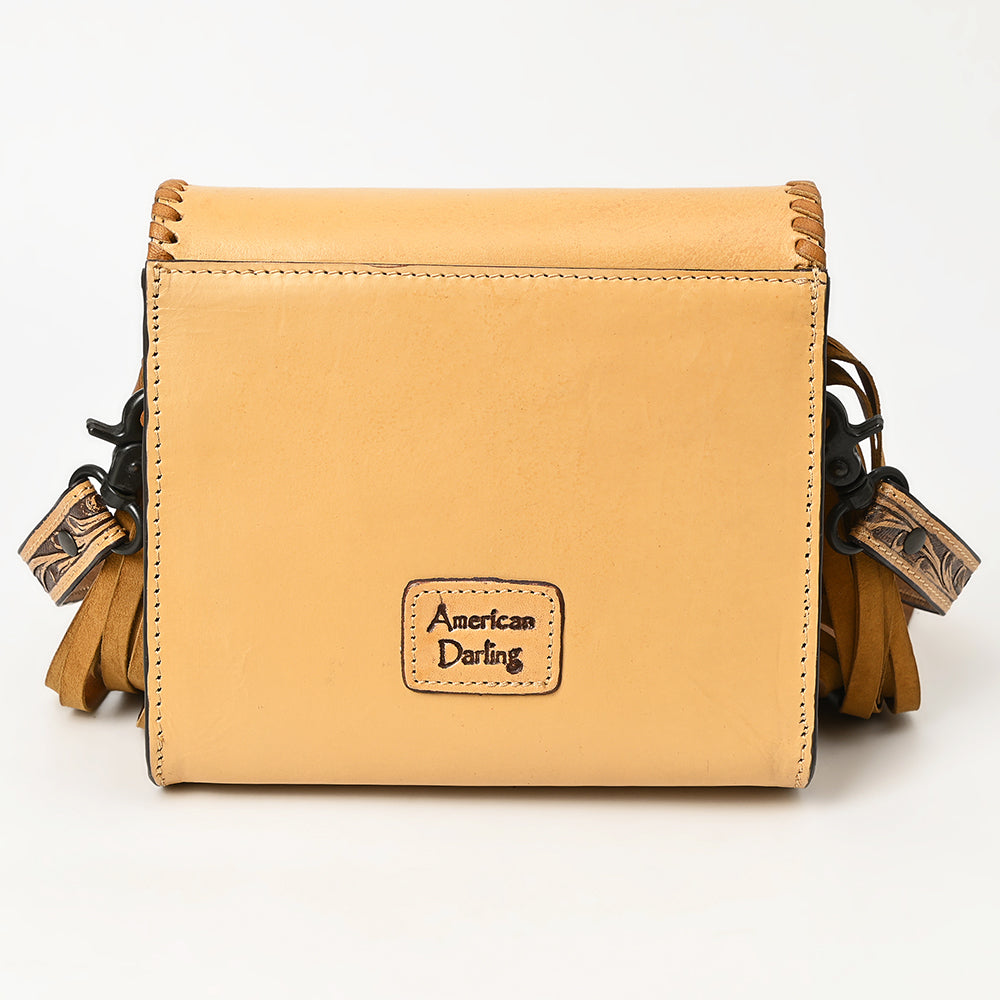 ADBGZ811 Hand-Tooled Mini Crossbody Bag - Western Floral Inlay with Fringe & Tooled Strap