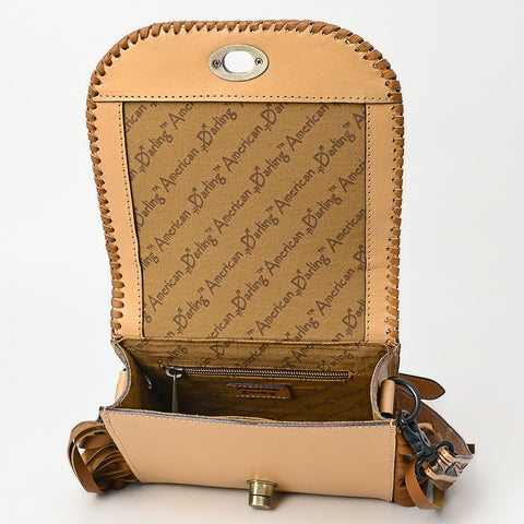 ADBGZ811 Hand-Tooled Mini Crossbody Bag - Western Floral Inlay with Fringe & Tooled Strap
