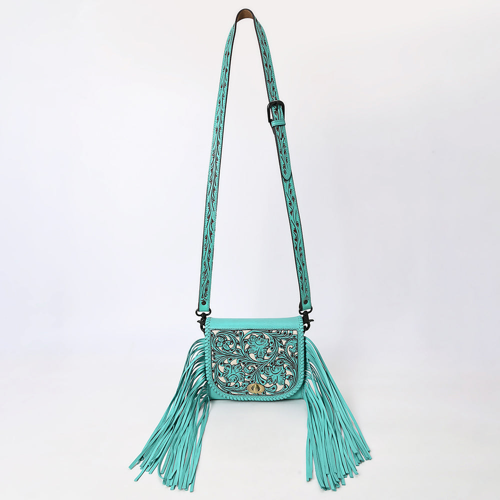 ADBGZ811 Hand-Tooled Mini Crossbody Bag - Western Floral Inlay with Fringe & Tooled Strap