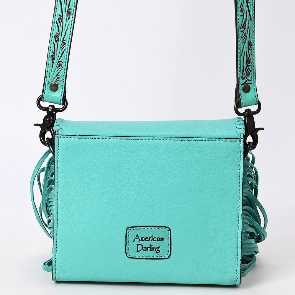ADBGZ811 Hand-Tooled Mini Crossbody Bag - Western Floral Inlay with Fringe & Tooled Strap