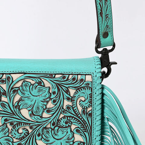 ADBGZ811 Hand-Tooled Mini Crossbody Bag - Western Floral Inlay with Fringe & Tooled Strap