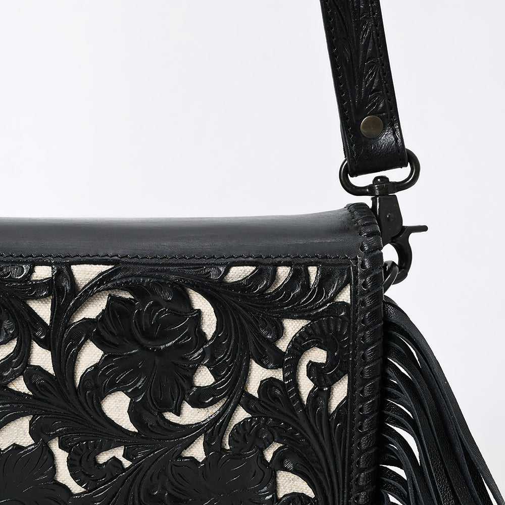 ADBGZ811C Black Hand-Tooled Mini Crossbody Bag - Western Floral Fringe Purse with Cream Inlay