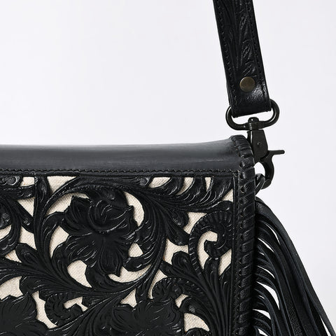 ADBGZ811C Black Hand-Tooled Mini Crossbody Bag - Western Floral Fringe Purse with Cream Inlay