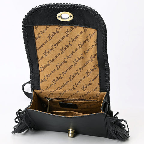 ADBGZ811C Black Hand-Tooled Mini Crossbody Bag - Western Floral Fringe Purse with Cream Inlay