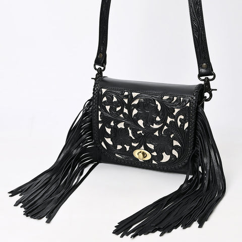 ADBGZ811C Black Hand-Tooled Mini Crossbody Bag - Western Floral Fringe Purse with Cream Inlay