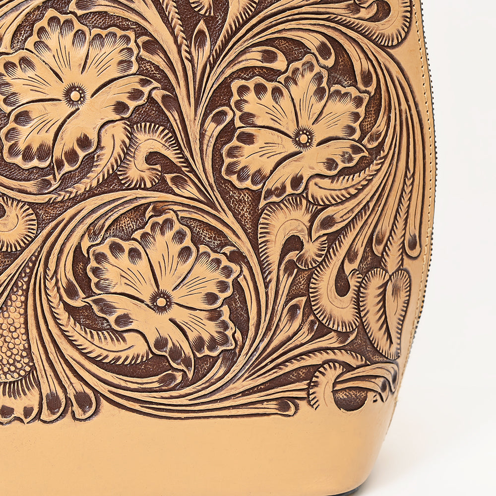 ADBGZ813 Hand-Tooled Leather Backpack - Western Floral Design in Natural Tan