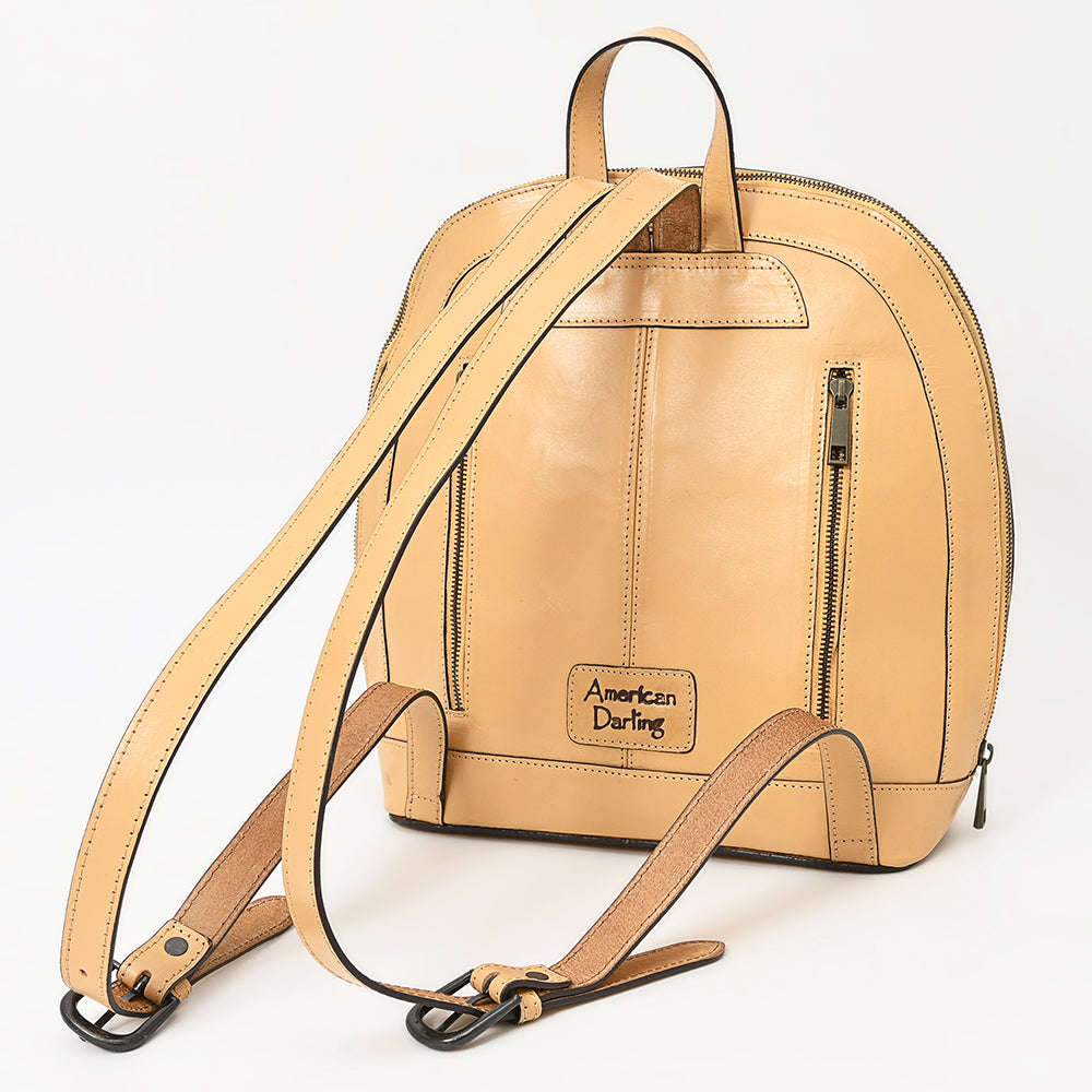 ADBGZ813 Hand-Tooled Leather Backpack - Western Floral Design in Natural Tan