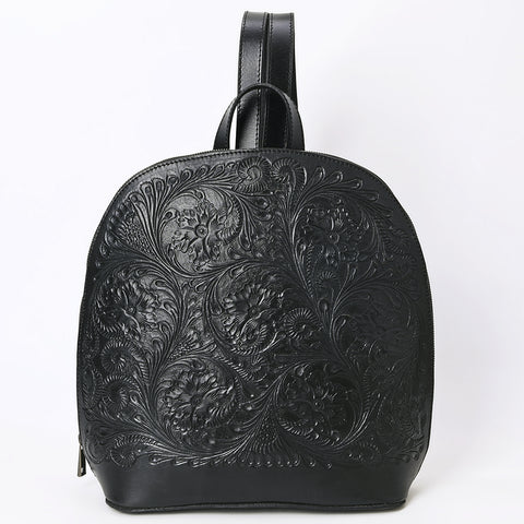 ADBGZ814 Black Hand-Tooled Leather Backpack - Western Floral Carved Daypack