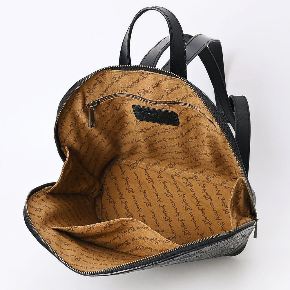 ADBGZ814 Black Hand-Tooled Leather Backpack - Western Floral Carved Daypack