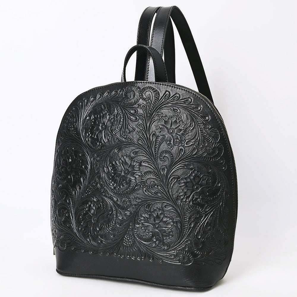 ADBGZ814 Black Hand-Tooled Leather Backpack - Western Floral Carved Daypack
