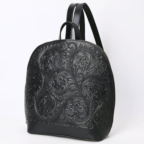 ADBGZ814 Black Hand-Tooled Leather Backpack - Western Floral Carved Daypack