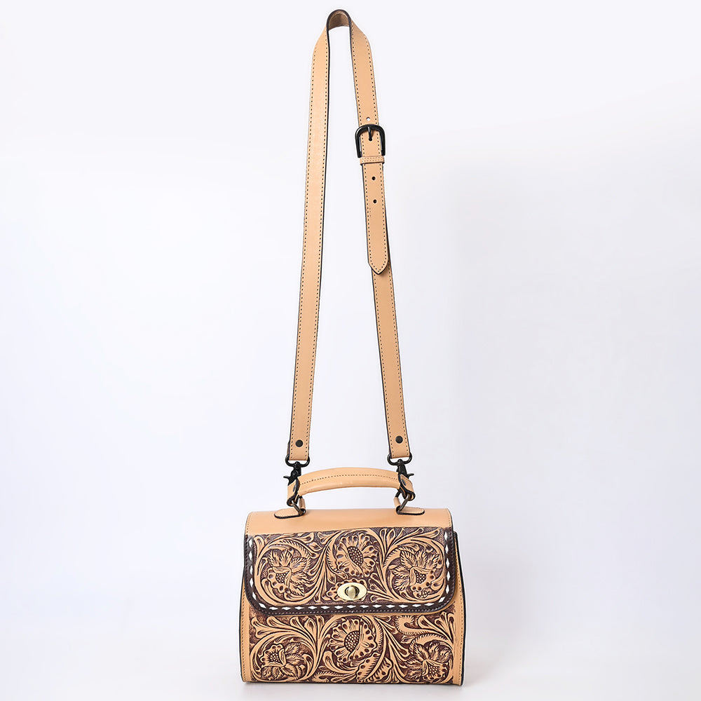 LC-ADBGZ815 Hand-Tooled Leather Top Handle Tote Bag - Western Floral Flap Purse with Strap in Natural Tan