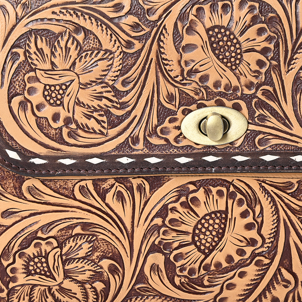 LC-ADBGZ815 Hand-Tooled Leather Top Handle Tote Bag - Western Floral Flap Purse with Strap in Natural Tan