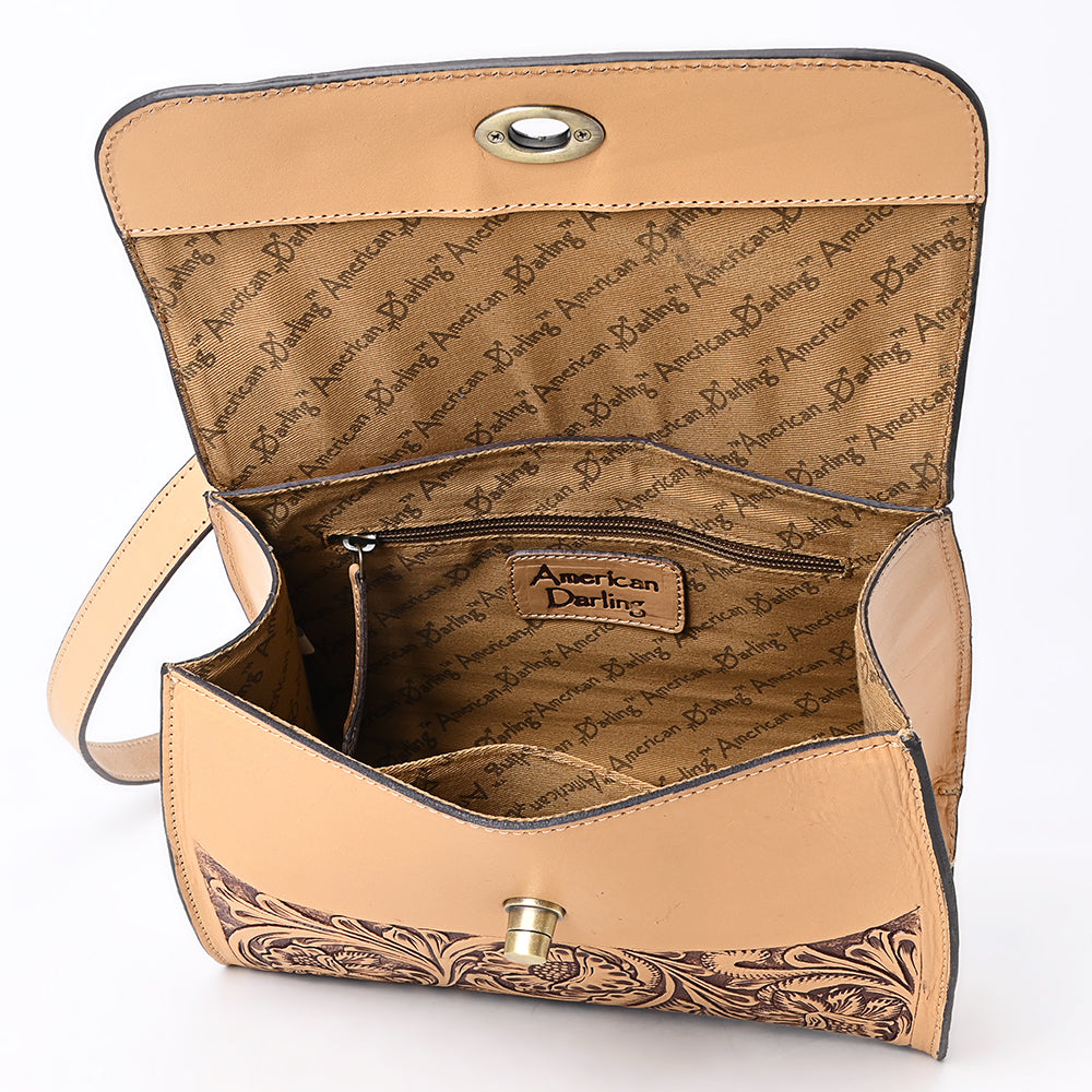 LC-ADBGZ815 Hand-Tooled Leather Top Handle Tote Bag - Western Floral Flap Purse with Strap in Natural Tan
