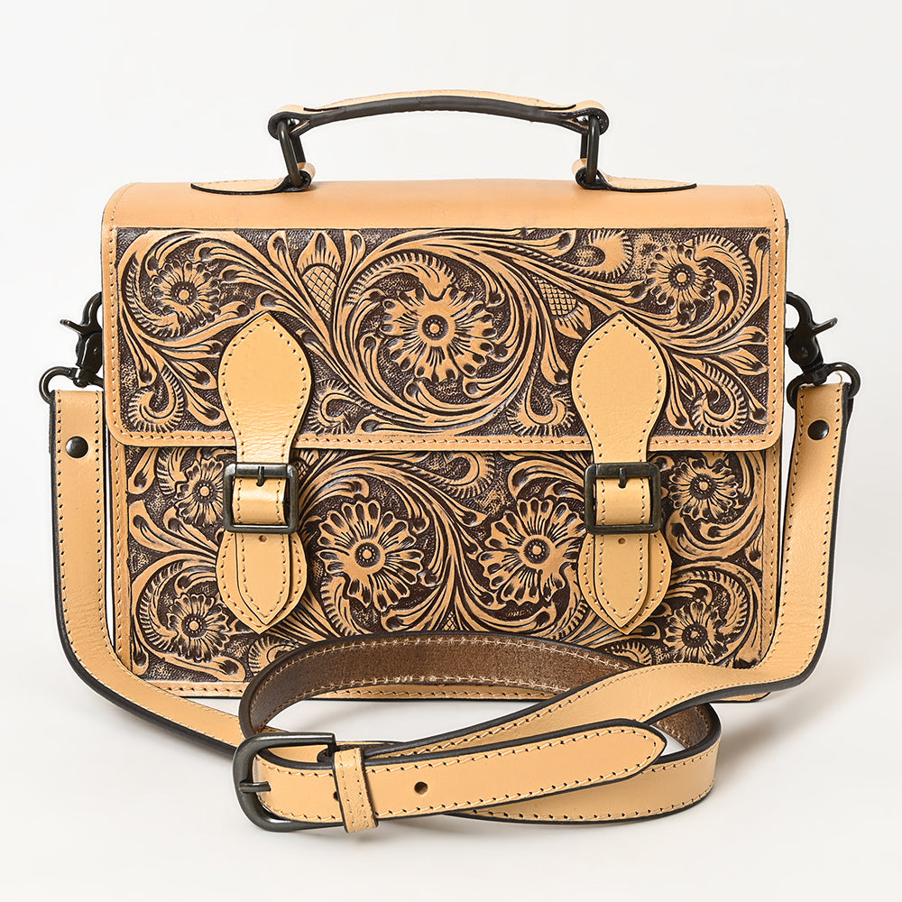 ADBGZ816 Western Leather Briefcase Bag - Hand-Tooled Floral Buckle Strap Purse in Natural Tan