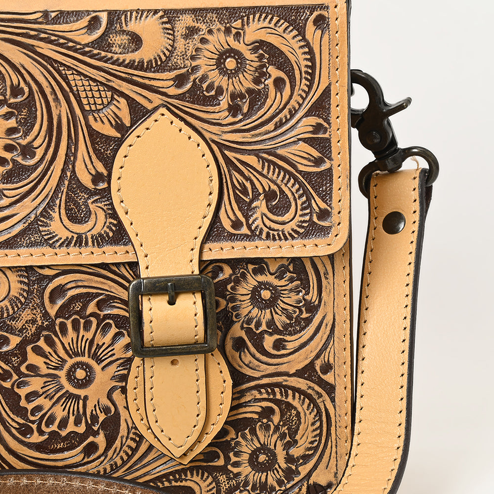 ADBGZ816 Western Leather Briefcase Bag - Hand-Tooled Floral Buckle Strap Purse in Natural Tan