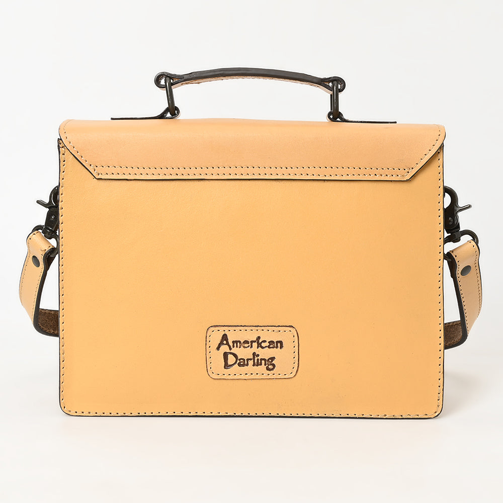 ADBGZ816 Western Leather Briefcase Bag - Hand-Tooled Floral Buckle Strap Purse in Natural Tan