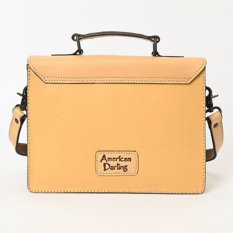 ADBGZ816 Western Leather Briefcase Bag - Hand-Tooled Floral Buckle Strap Purse in Natural Tan