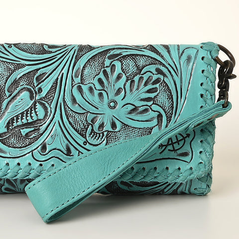 American Darling Hand-Tooled Leather Western Wristlet Handbag Genuine Leather Floral Carved Wristlet
