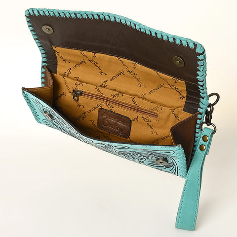 American Darling Hand-Tooled Leather Western Wristlet Handbag Genuine Leather Floral Carved Wristlet