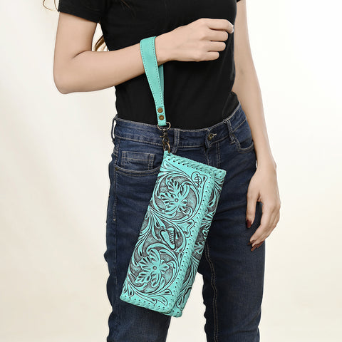 American Darling Hand-Tooled Leather Western Wristlet Handbag Genuine Leather Floral Carved Wristlet