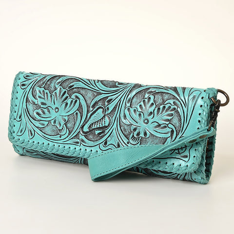American Darling Hand-Tooled Leather Western Wristlet Handbag Genuine Leather Floral Carved Wristlet