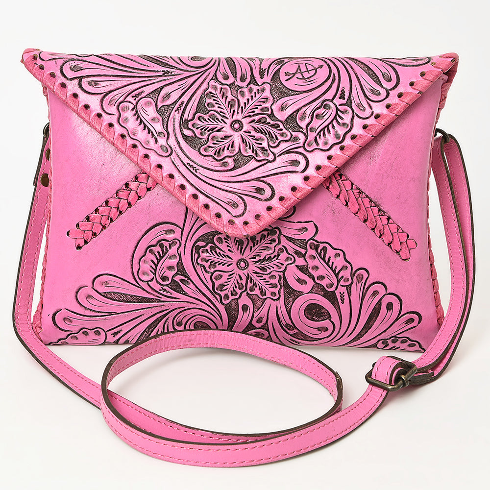 American Darling Hand-Tooled Pink Genuine Leather Western Envelope Bag - Floral Carved Crossbody