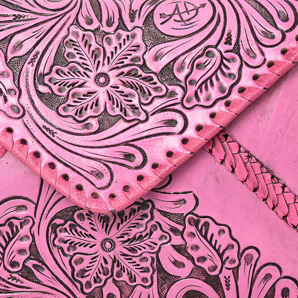 American Darling Hand-Tooled Pink Genuine Leather Western Envelope Bag - Floral Carved Crossbody