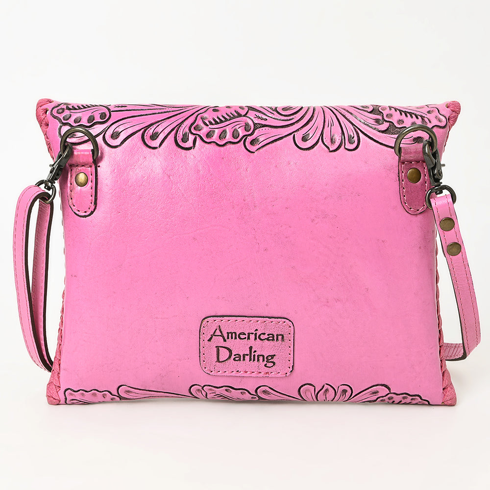 American Darling Hand-Tooled Pink Genuine Leather Western Envelope Bag - Floral Carved Crossbody