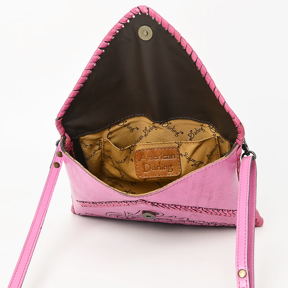 American Darling Hand-Tooled Pink Genuine Leather Western Envelope Bag - Floral Carved Crossbody