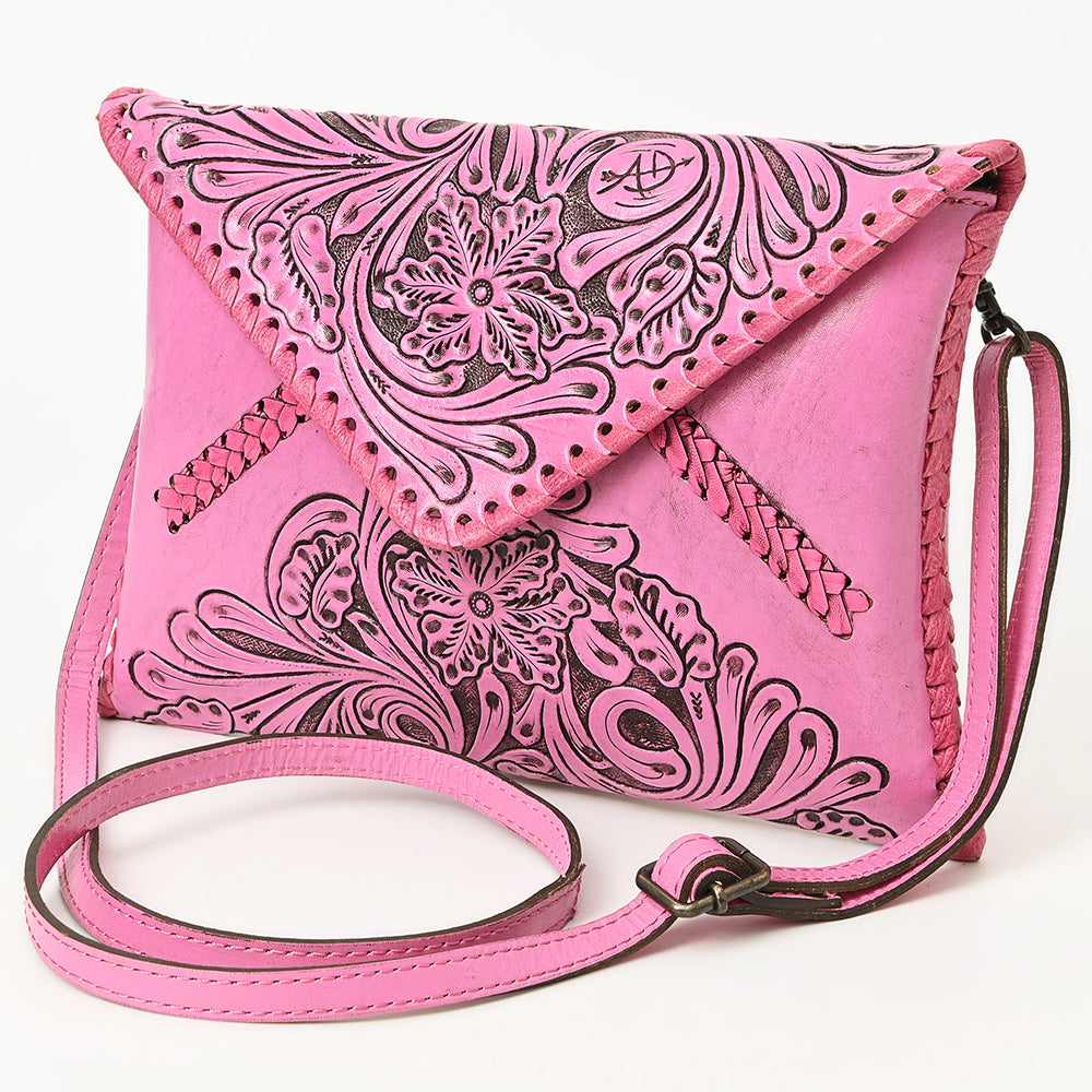 American Darling Hand-Tooled Pink Genuine Leather Western Envelope Bag - Floral Carved Crossbody