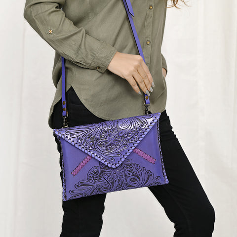 American Darling Hand-Tooled Genuine Leather Western Envelope Bag ï¿½ Floral Carved Crossbody