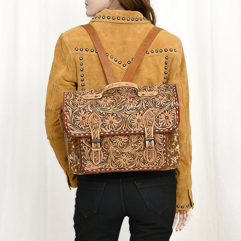 American Darling Western Leather Hand-Tooled Backpack Bag with Genuine Leather & Cowhide Detail