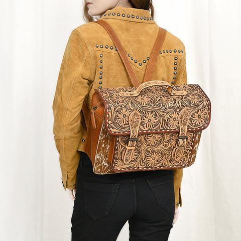 American Darling Western Leather Hand-Tooled Backpack Bag with Genuine Leather & Cowhide Detail