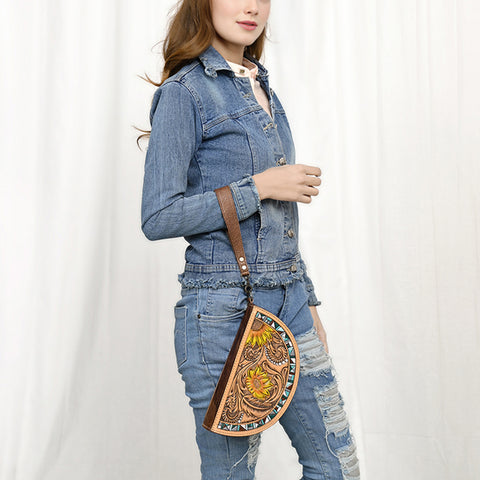 American Darling Hand-Tooled Genuine Leather Western Taco Bag | Floral Carved Artisan Wristlet