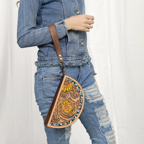 American Darling Hand-Tooled Genuine Leather Western Taco Bag | Floral Carved Artisan Wristlet