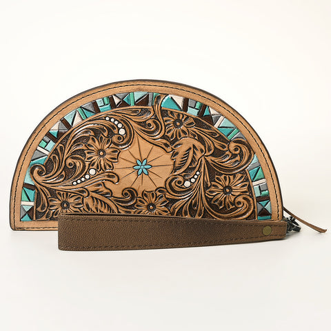 American Darling Hand-Tooled Genuine Leather Western Taco Bag | Floral Carved Artisan Wristlet