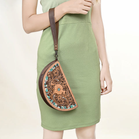 American Darling Hand-Tooled Genuine Leather Western Taco Bag | Floral Carved Artisan Wristlet