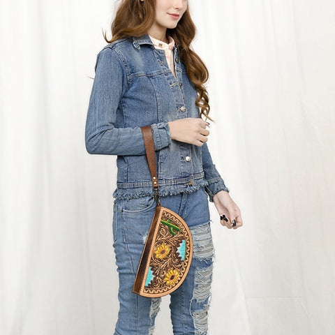 American Darling Hand-Tooled Genuine Leather Western Taco Bag | Floral Carved Artisan Wristlet