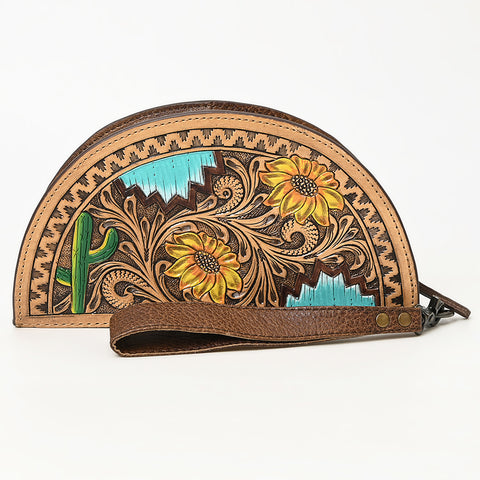 American Darling Hand-Tooled Genuine Leather Western Taco Bag | Floral Carved Artisan Wristlet