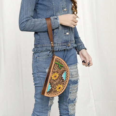 American Darling Hand-Tooled Genuine Leather Western Taco Bag | Floral Carved Artisan Wristlet