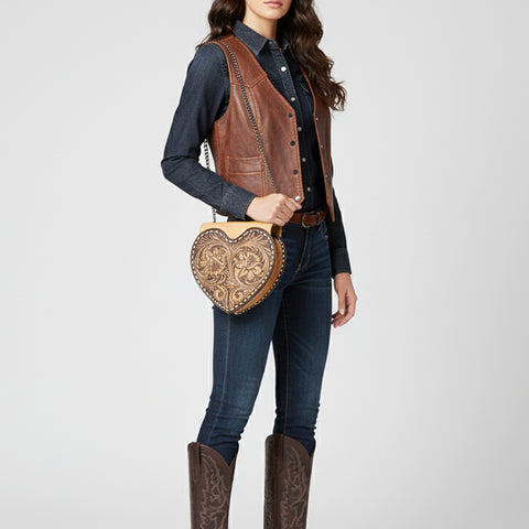 ADBGZ819 Heart-Shaped Hand-Tooled Leather Crossbody Canteen Bag with Chain Strap