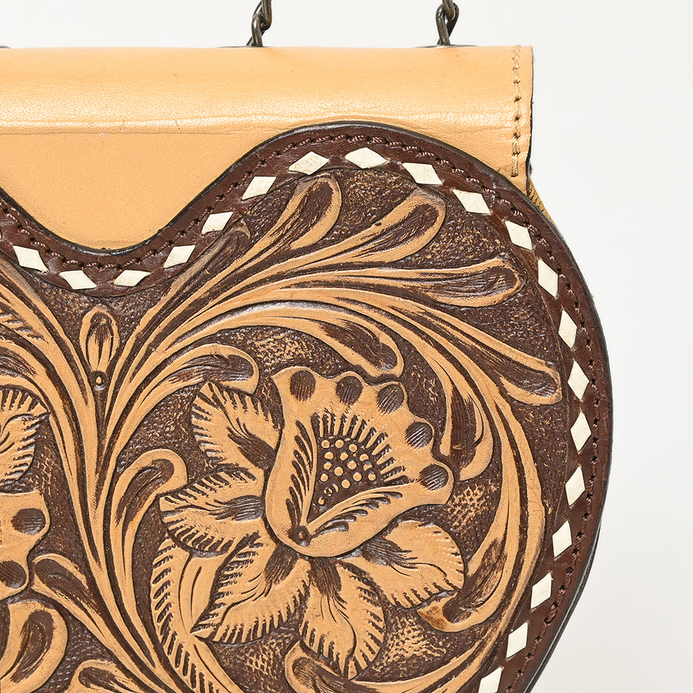 ADBGZ819 Heart-Shaped Hand-Tooled Leather Crossbody Canteen Bag with Chain Strap