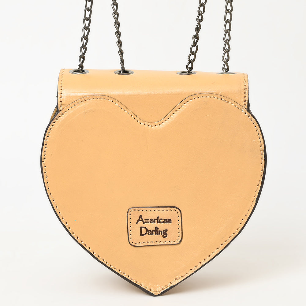 ADBGZ819 Heart-Shaped Hand-Tooled Leather Crossbody Canteen Bag with Chain Strap