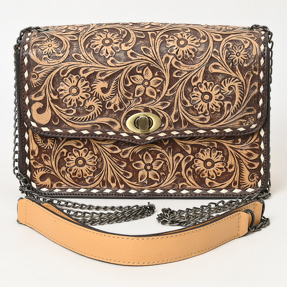 ADBGZ820 Hand-Tooled Leather Crossbody Bag with Chain Strap - Floral Western Design