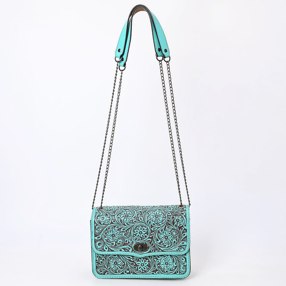ADBGZ820 Hand-Tooled Leather Crossbody Bag with Chain Strap - Floral Western Design